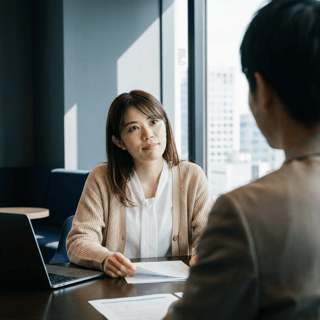 お客様の事務所を訪問して対面で打ち合わせする様子